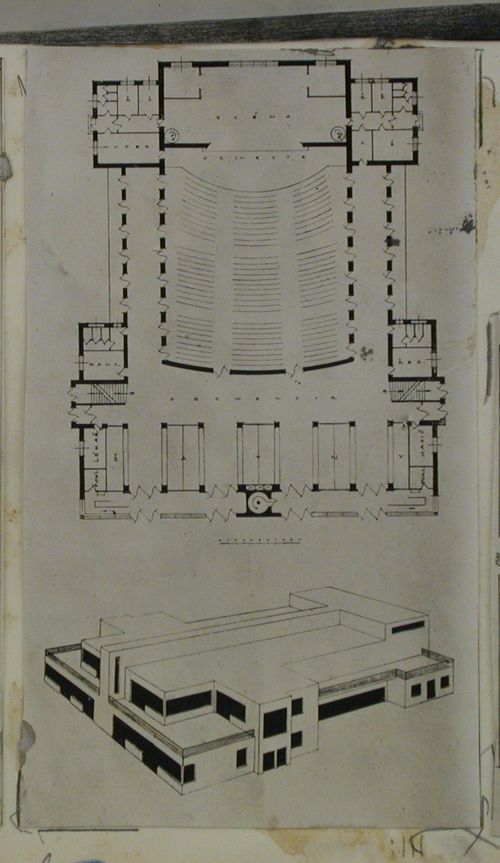 View of a plan and elevations drawings for a cinema, Czechoslovakia (now Czech Republic)