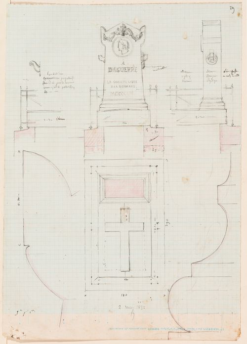 Elevations, plan, profiles and details for a tomb for Daguerre, France