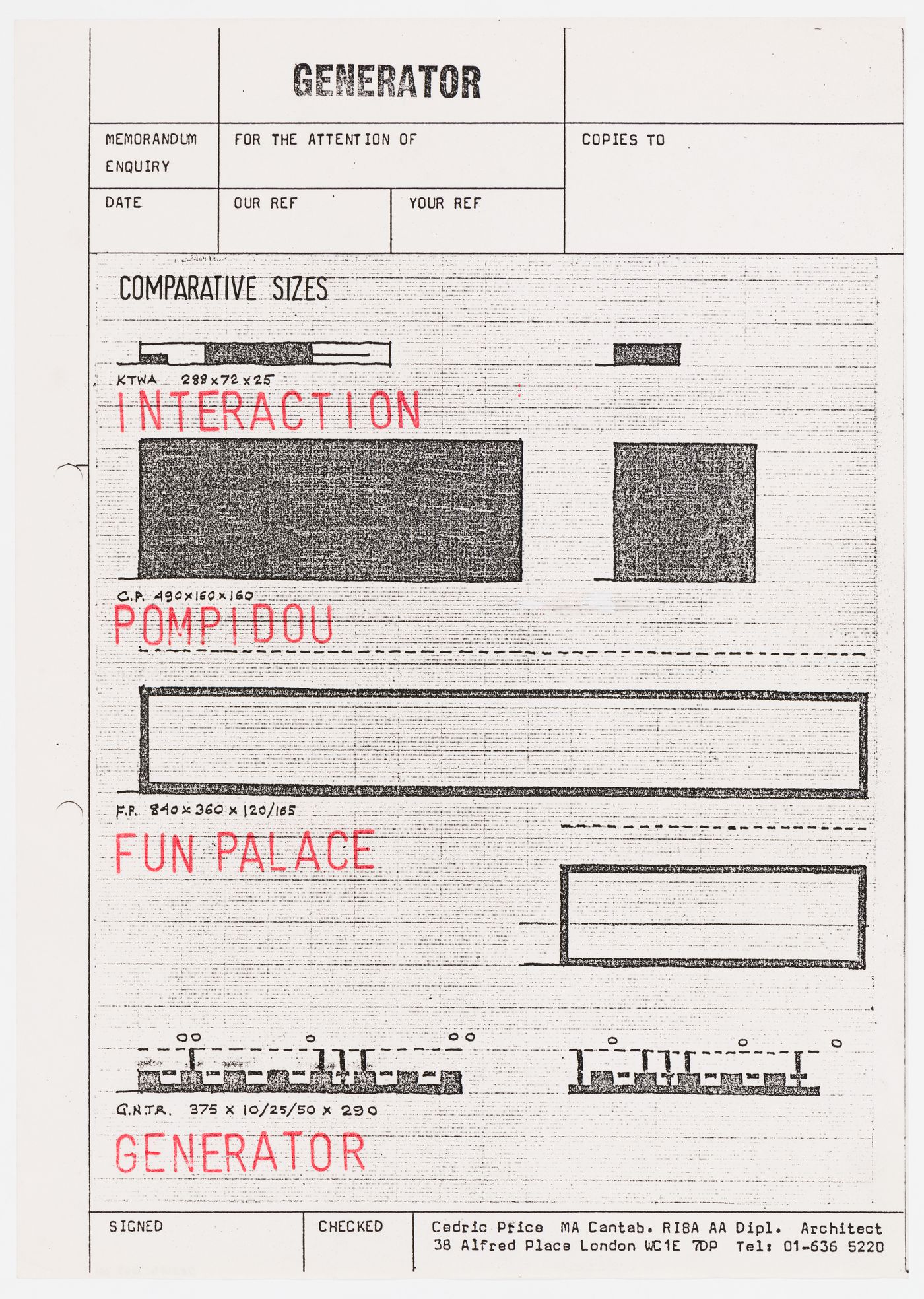 Generator: size comparisons between the Inter-Action Centre, the Centre Georges Pompidou, the Fun Palace and the Generator Project