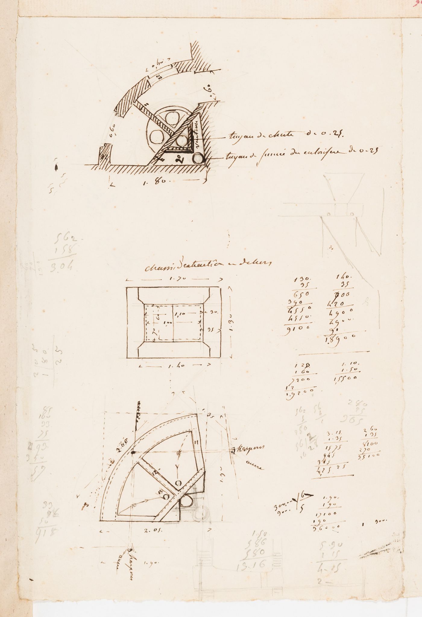 Project for the enlargement of the prison near the Préfecture de police, rue de Jérusalem, Paris: Plans showing the layout for piping systems and chimney