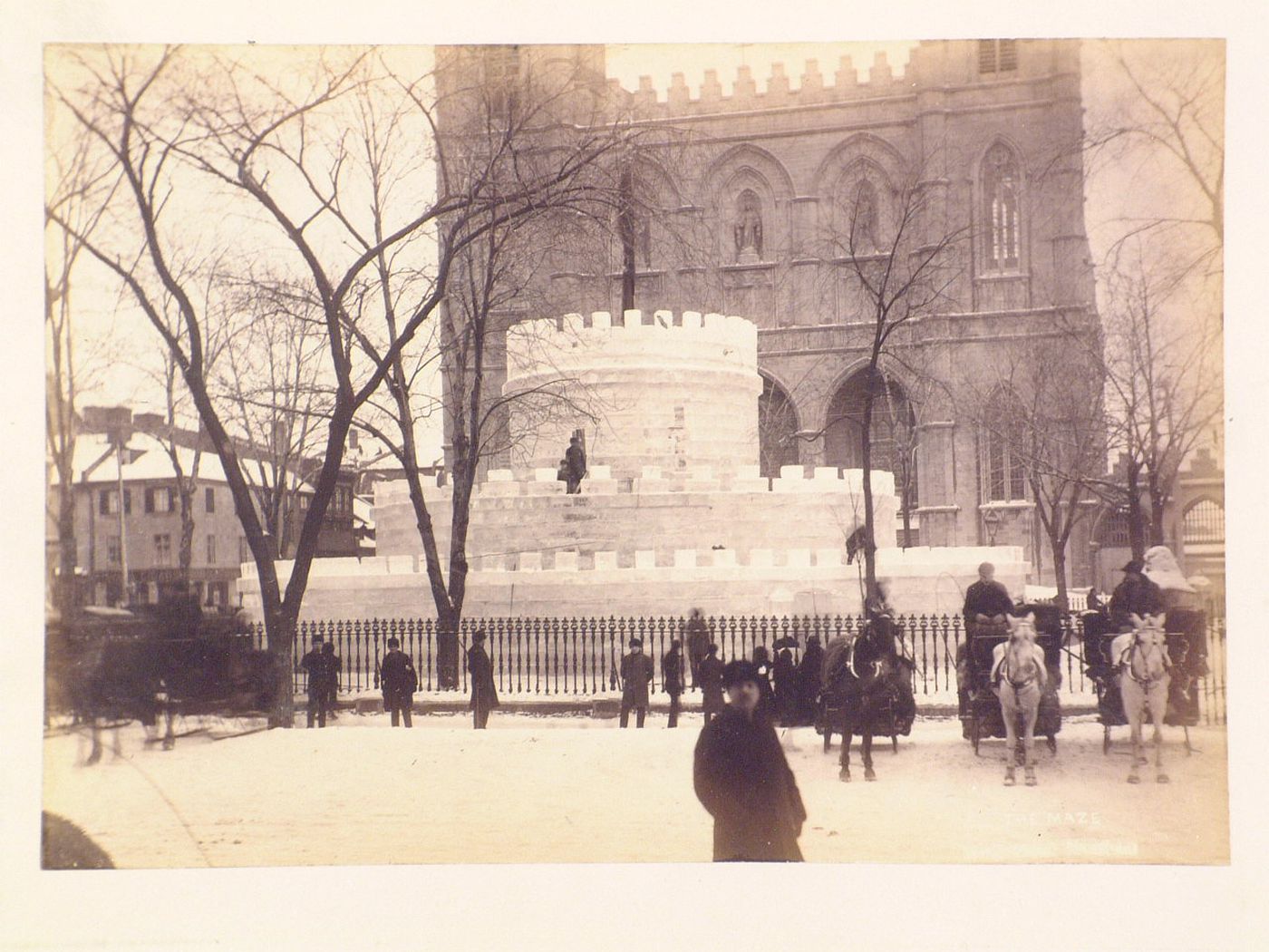 View of the Ice Maze with Basilique Notre-Dame in the background, Place d'Armes, Montréal, Québec