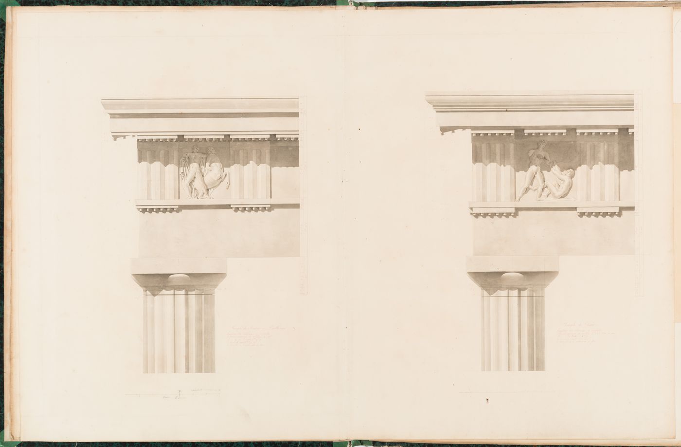 Elevations of columns and entablatures from two Greek Doric temples: the Parthenon, Rome and the Hephaisteion, Athens