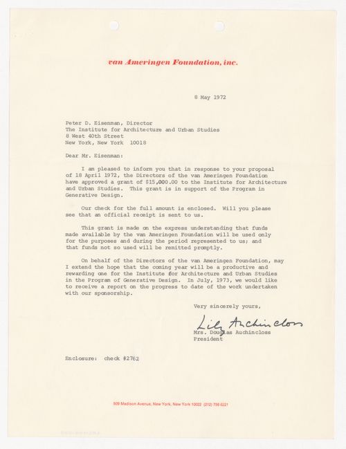 Letter from Mrs. Douglas Auchincloss to Peter D. Eisenman about grant awarded by the van Ameringen Foundation