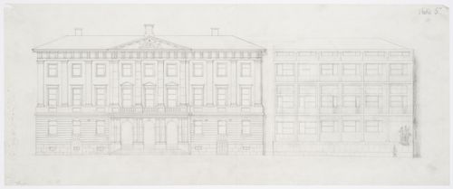 Elevation for the principal façade for the 1934-1937 design for Göteborg rådhusets tillbyggnad [courthouse annex] showing the Göteburg rådhus [courthouse], Göteborg, Sweden