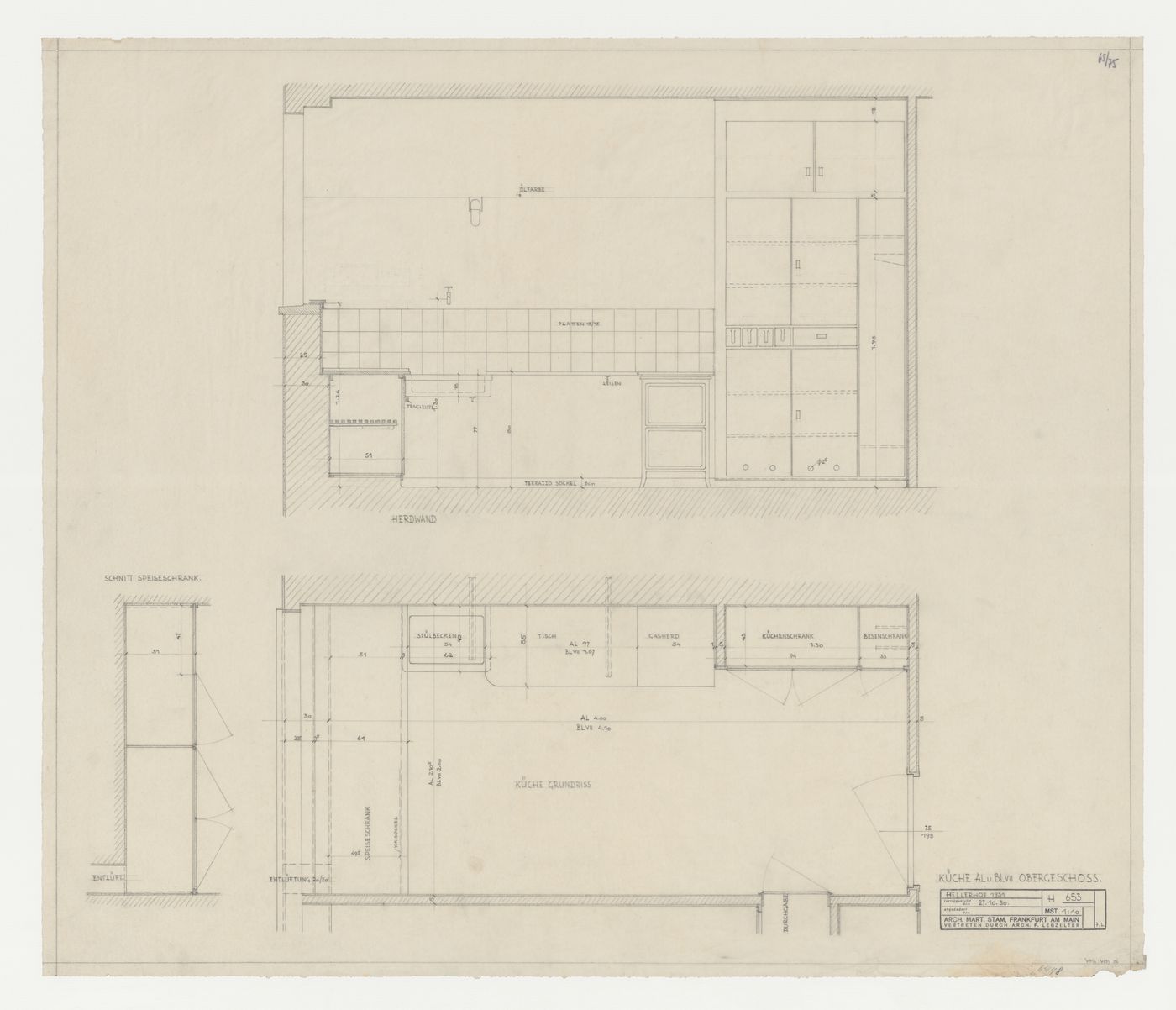 First floor plan, elevation, and section for type AL and type BL kitchens for housing units, Hellerhof Housing Estate, Frankfurt am Main, Germany