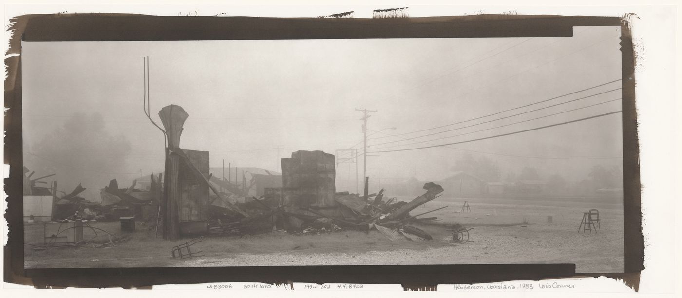 Panorama with burned remains of a building, Henderson, Louisiana