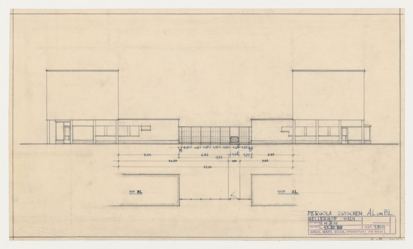 Plan and elevation for a pergola separating type AL and type BL housing units, Hellerhof Housing Estate, Frankfurt am Main, Germany
