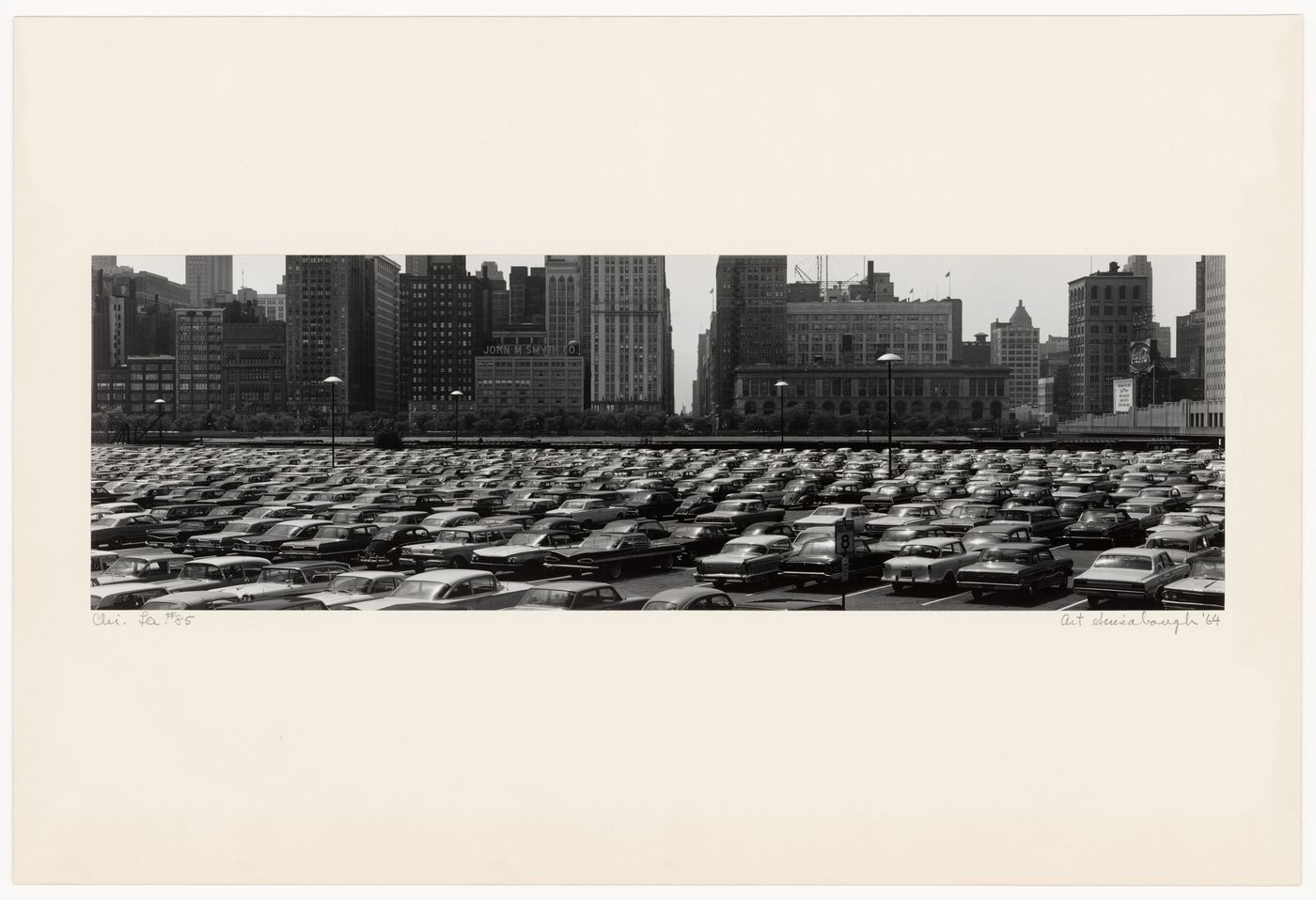 Chicago landscape, panoramic view looking west at parking lot toward Michigan Avenue and the Chicago Art Institute, Illinois