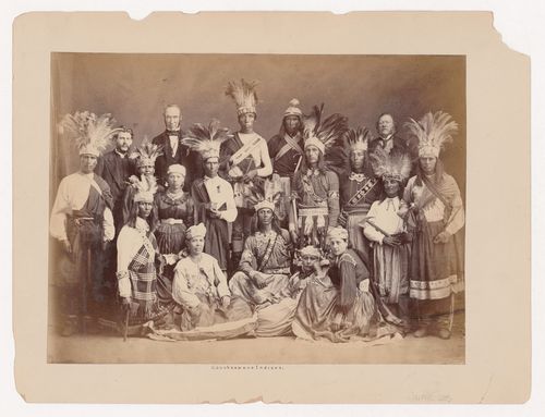 Group portrait of Kanien'kehaka (Mohawk) men and women with William Workman, Mayor of Montréal, Montréal, Québec, Canada