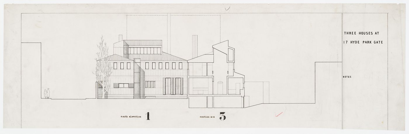 Three Houses for B. Mavrolean Family, London (competition entry): sectional elevation