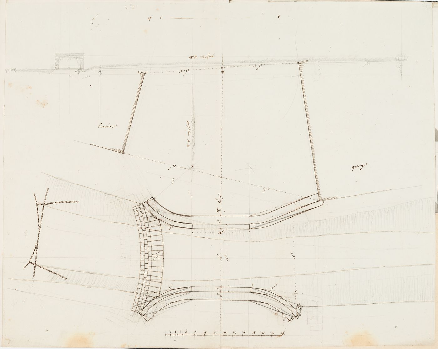 Plan and sections for a bridge over a ravine, Domaine de La Vallée