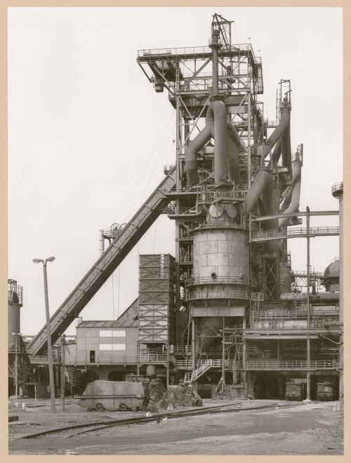 View of blast furnace head C of Metallhüttenwerk industrial plant, Lübeck-Herrenwyk, Germany