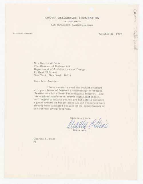 Letter from Charles E. Stine to Emilio Ambasz responding to proposal for Institutions for a Post-Technological Society conference