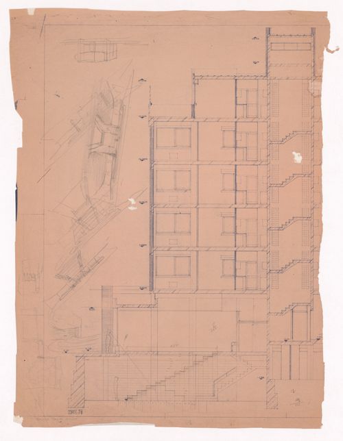 Section with sketch perspectives for Galeria do Antiquário, Campo Alegre, Porto, Portugal