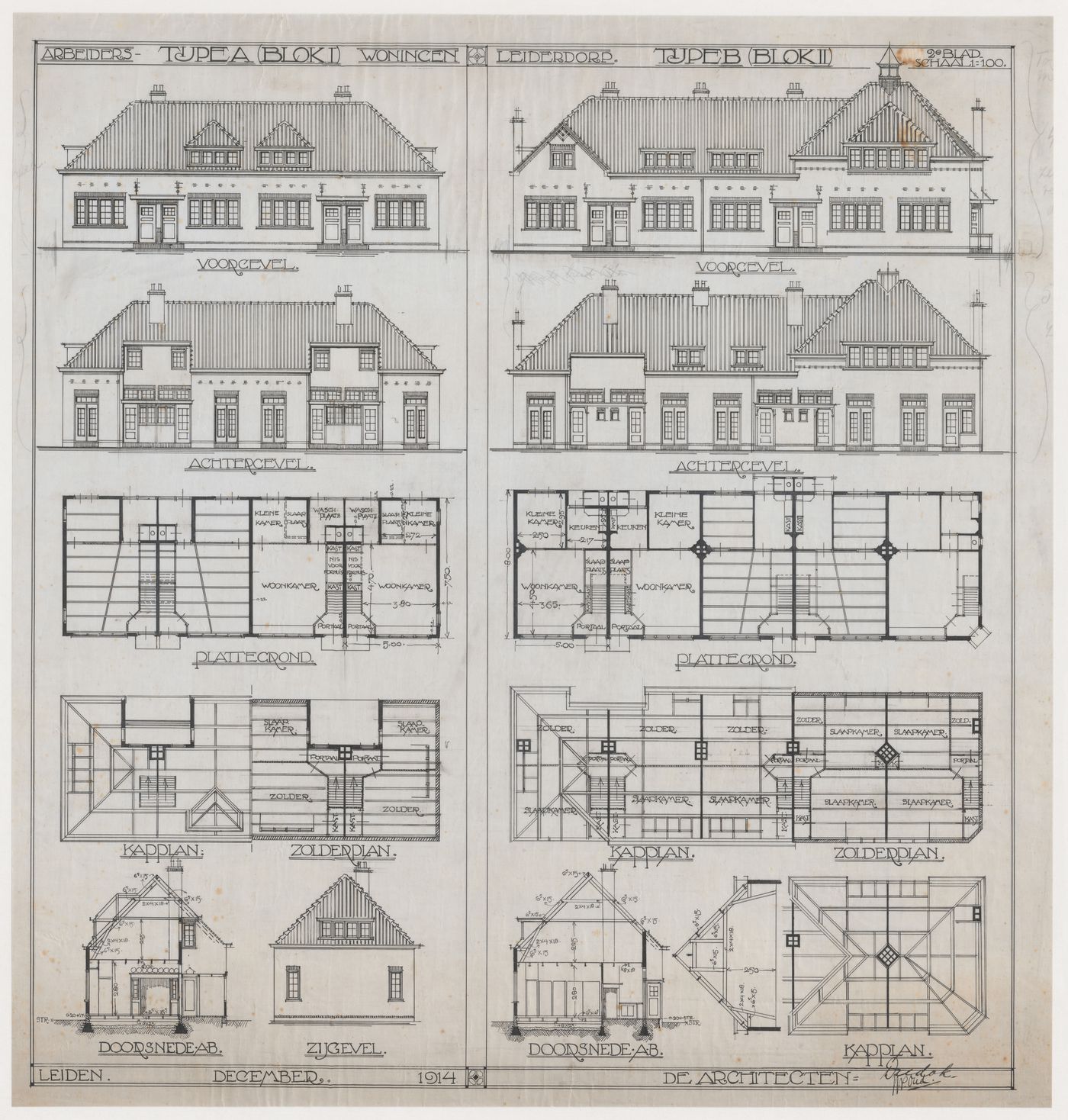 Plans, sections, and elevations for Blocks 1 and 2 of Leiderdorp Housing Estate, Leiderdorp, Netherlands