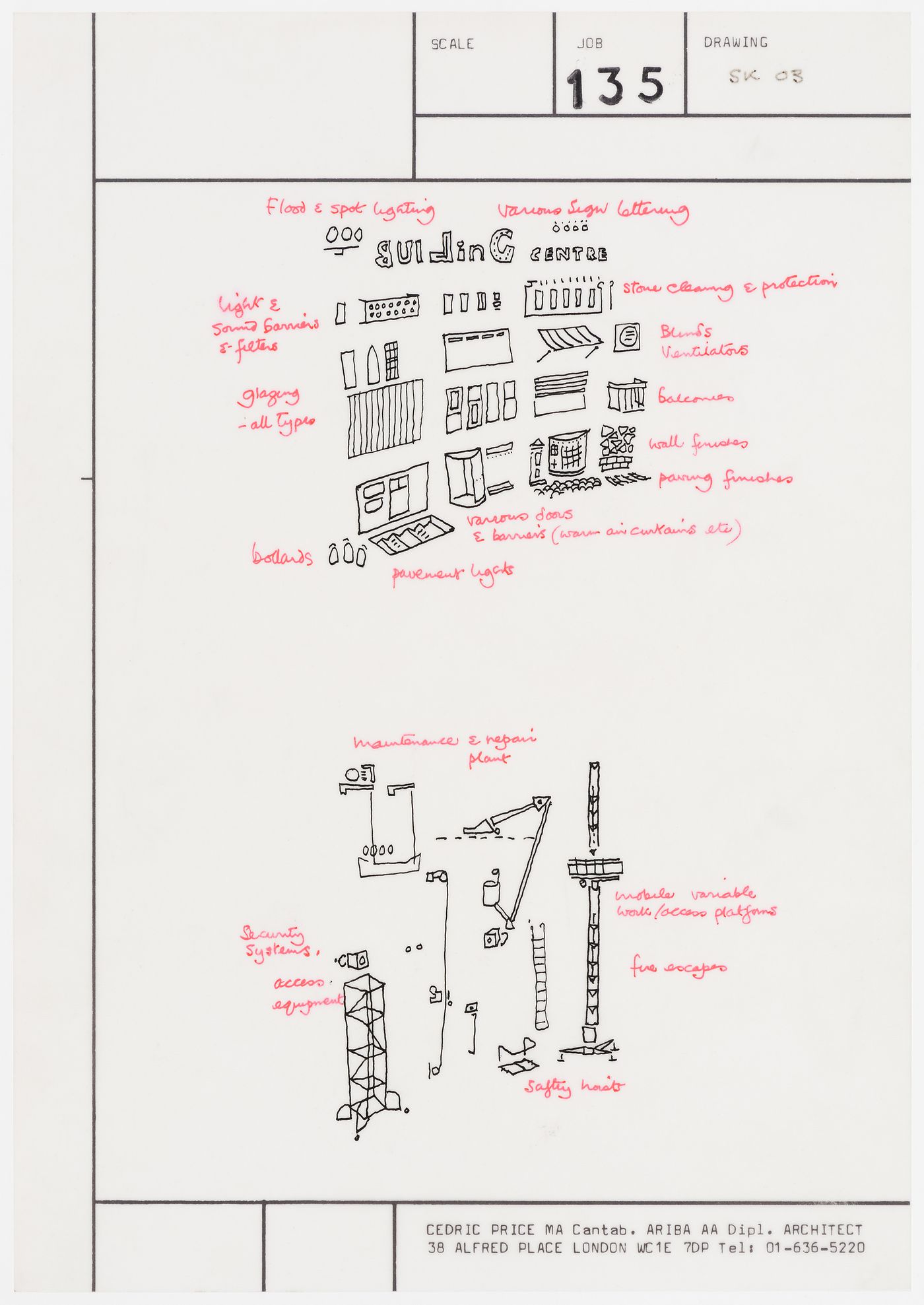 Facelift (ideas competition for the Building Centre, London, England): entry by Cedric Price: sketches of façade elements and equipment for maintenance, repair, access and security