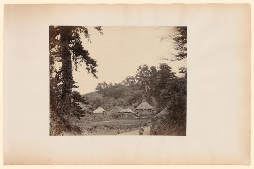 View of farmhouses, cropland and a road, Japan