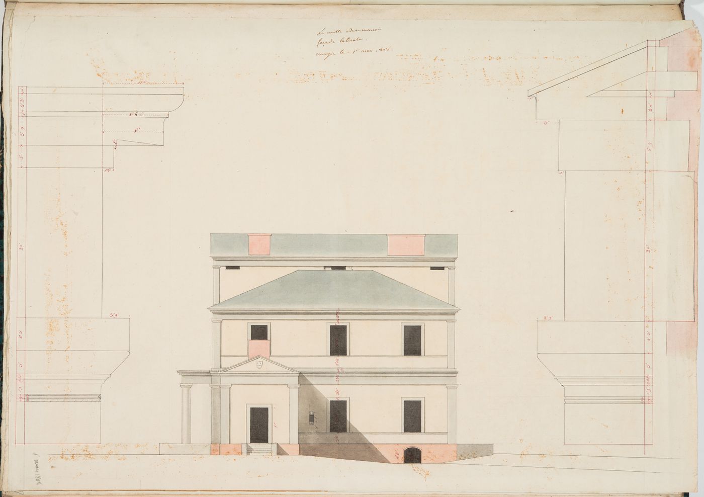 Project for a château for M. de Lorgeril, Motte Beaumanoir: Side elevation and details for the entablature