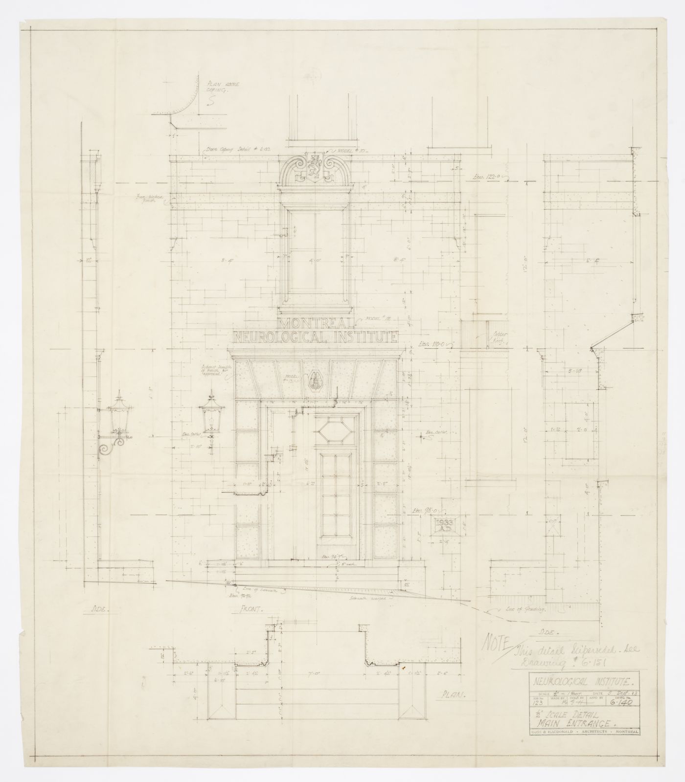 Montréal Neurological Institute, Montréal, Québec: detail drawing for main entrance