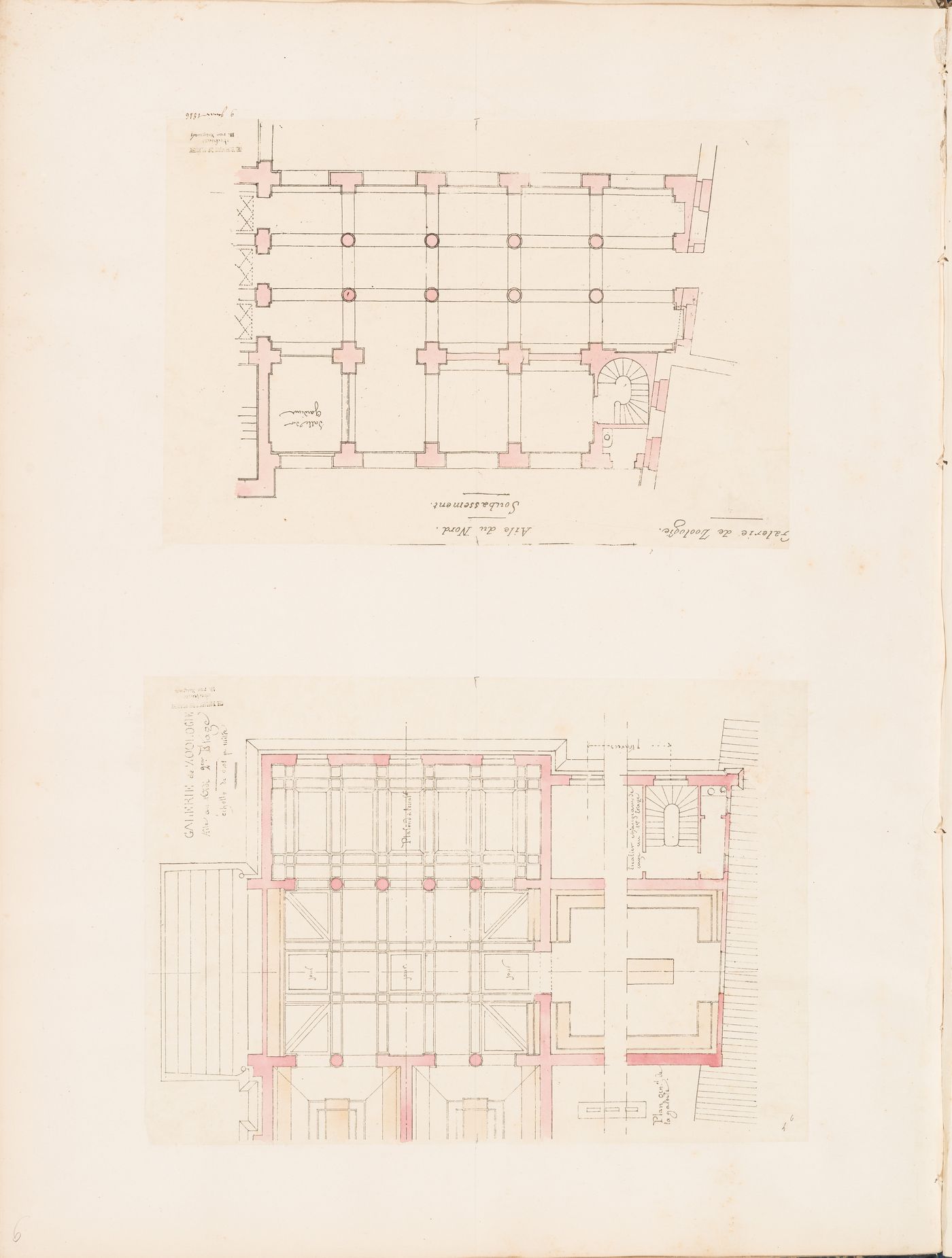Project for a Galerie de zoologie, 1846: Plans for the second floor for the south wing and the "soubassement" for the north wing