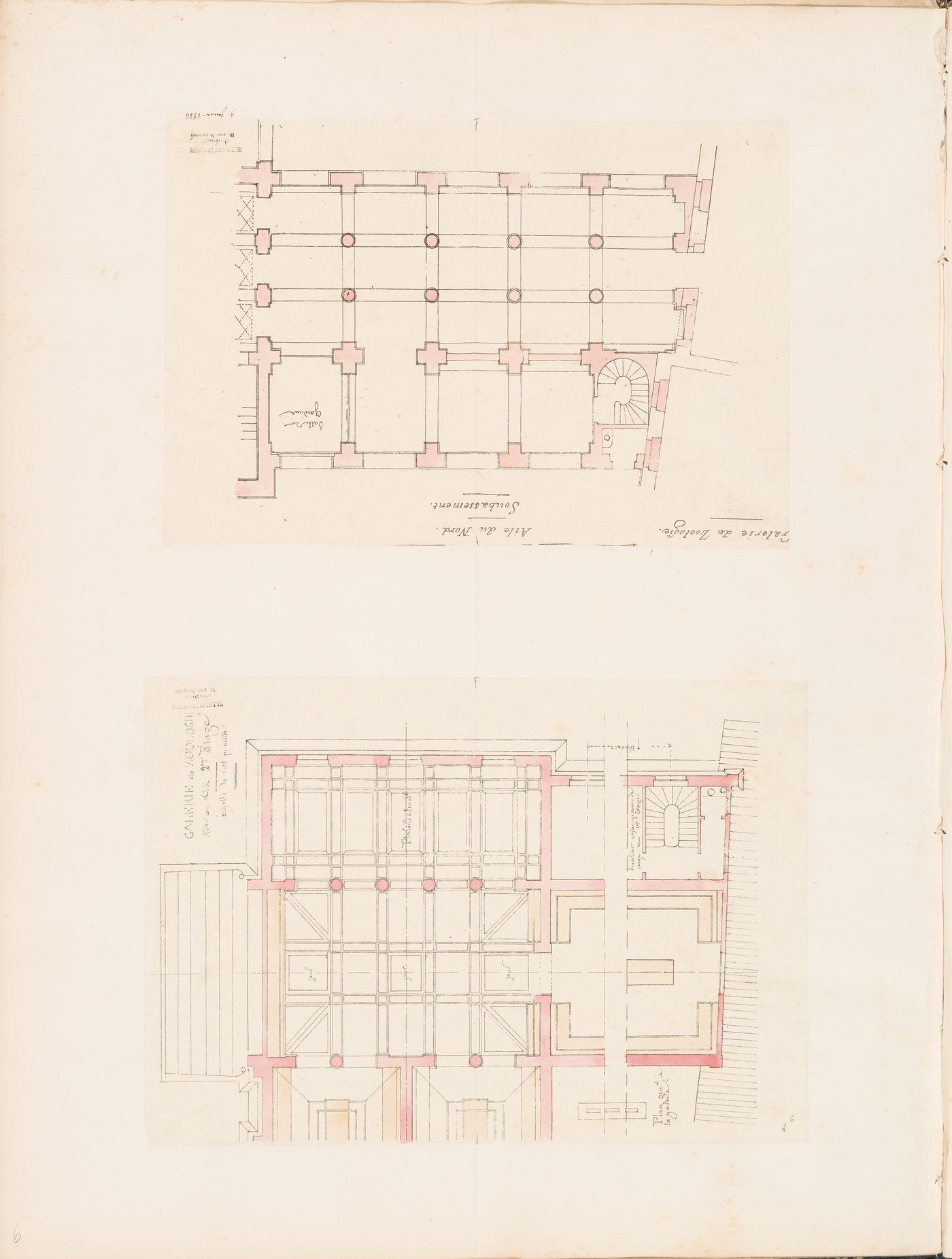 Project for a Galerie de zoologie, 1846: Plans for the second floor for the south wing and the "soubassement" for the north wing