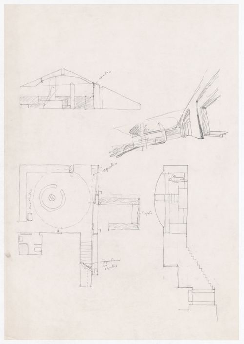 Sketch section, interior perspective, and floor plan for Apartamento J. M. Teixeira, Póvoa de Varzim, Portugal