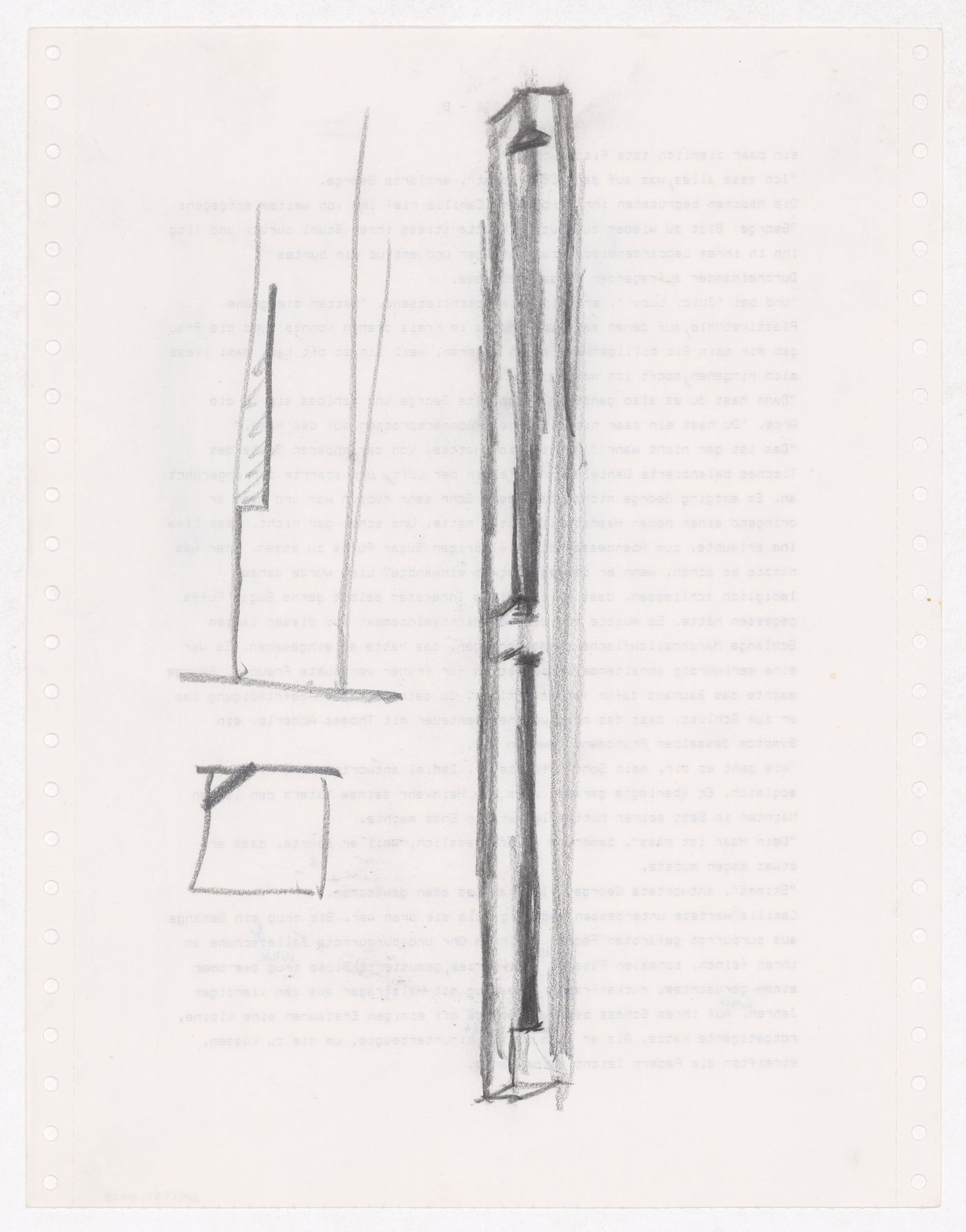 Sketch section, sketch plan [?] and sketch elevation for the E columns for the E,D,E,N, Pavilion, Rheinfelden, Switzerland