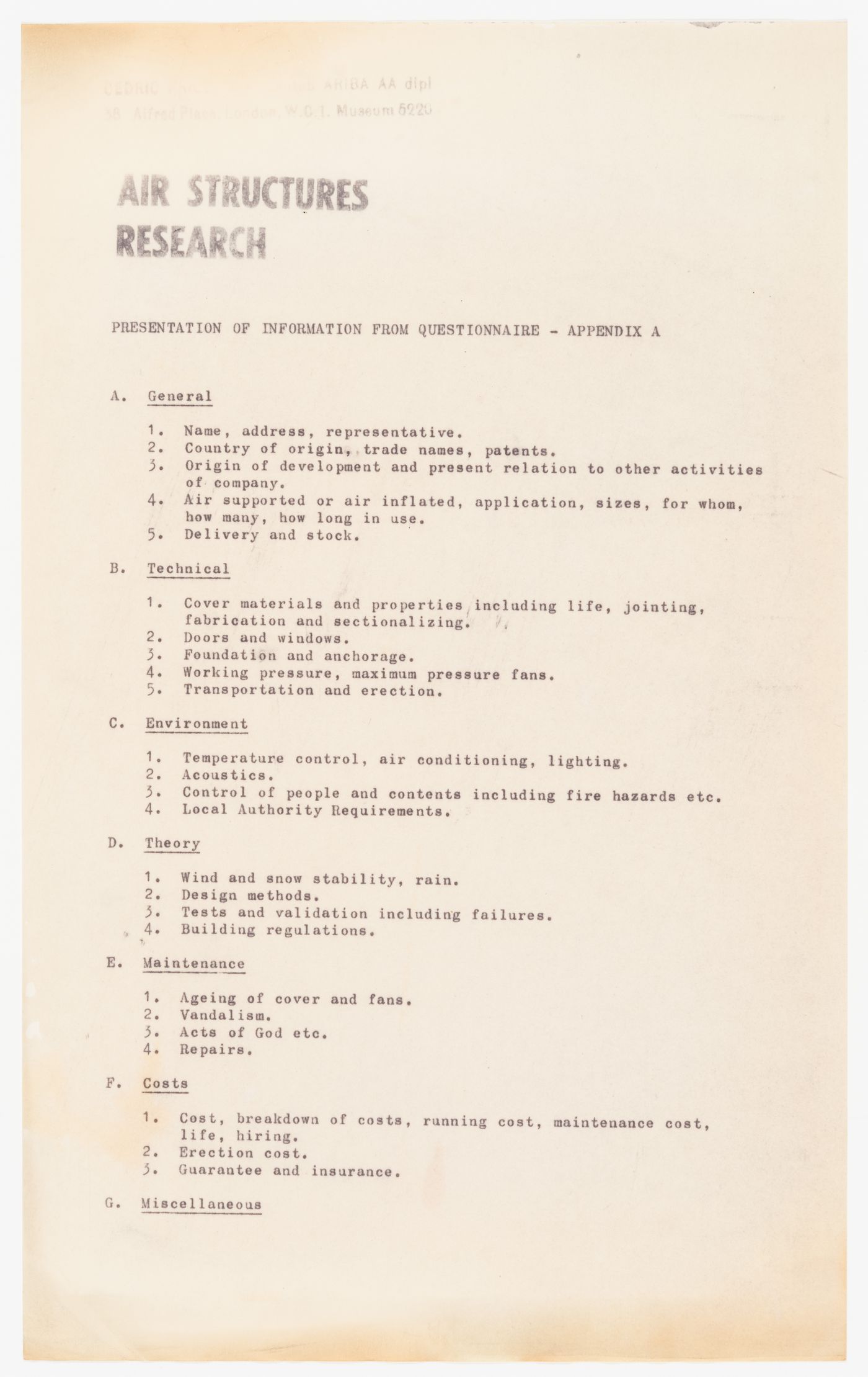 Air structures research: presentation of information from questionnaire