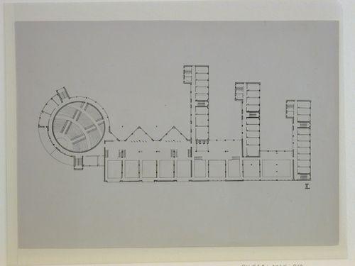 Photograph of a floor plan for a competition [?] for an Academy of Sciences building, Minsk, Soviet Union (now in Belarus)