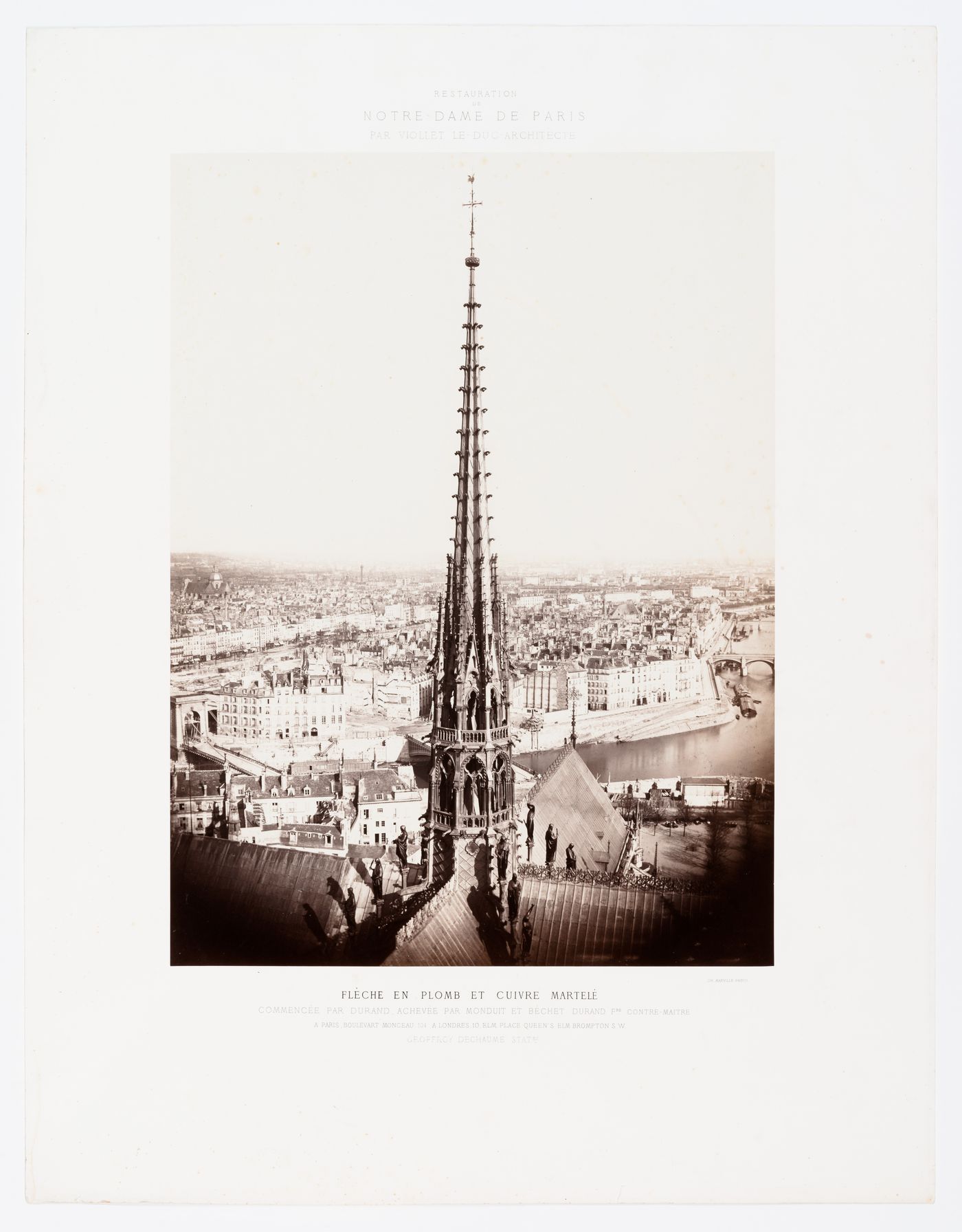 Restoration of Notre-Dame de Paris: View of steeple and Paris, France