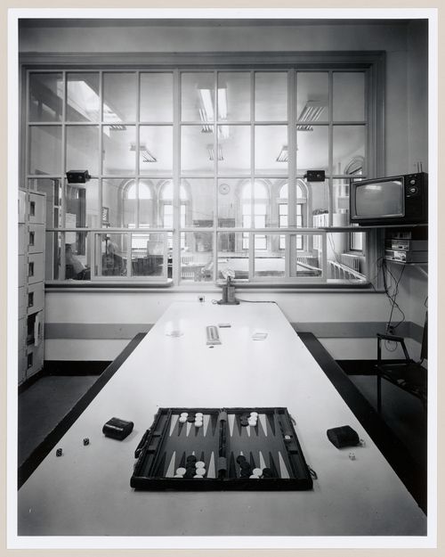 Interior view of the second-floor kitchen of Fire Station no. 15 with the common room in the background, Richmond Street, Montréal, Québec