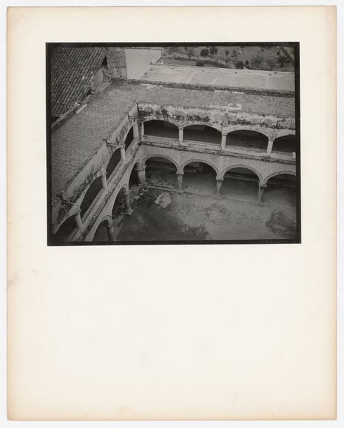 Aerial view of a courtyard showing arcades, Catedral de Cuernavaca, Cuernavaca, Mexico