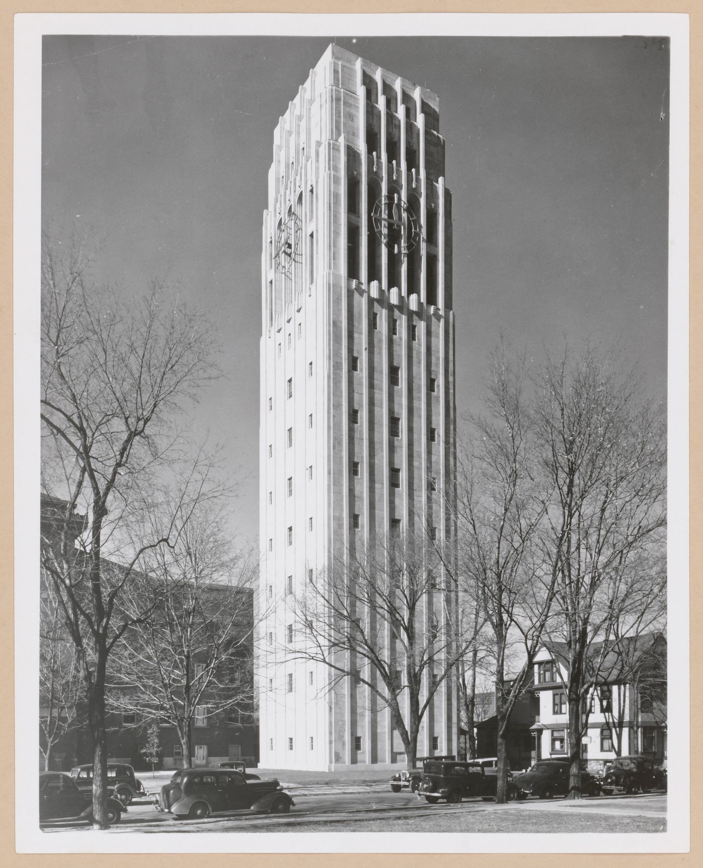 View of the south and east façades of the Charles Baird Carillon Tower (also known as the Burton Memorial Tower) with the Hill Auditorium on the left, 230 South Ingalls Street, University of Michigan, Ann Arbor, Michigan