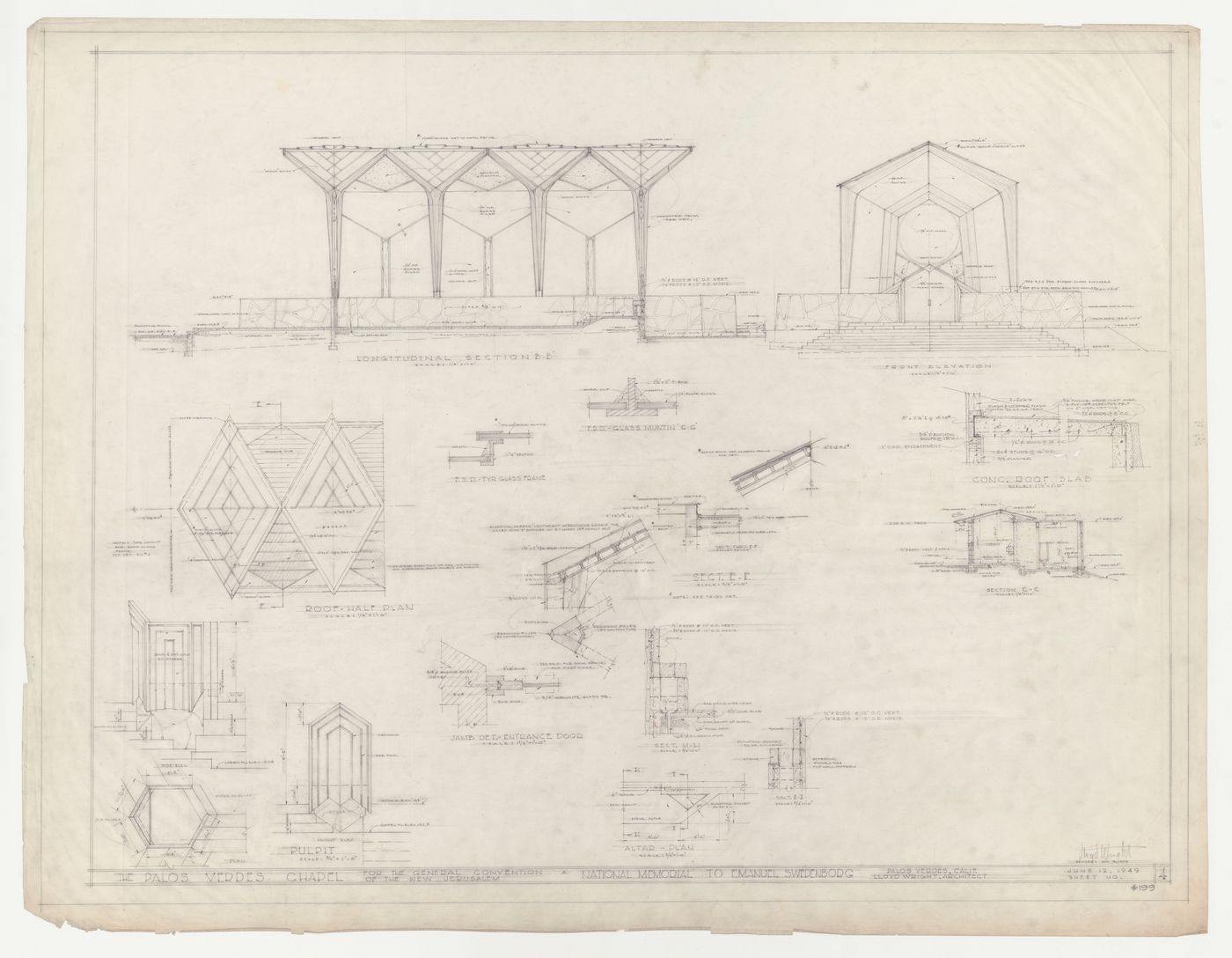 Wayfarers' Chapel, Palos Verdes, California: Longitudinal section and front elevation for the chapel, plan and elevations for the pulpit, and half plan for the chapel roof, with construction details