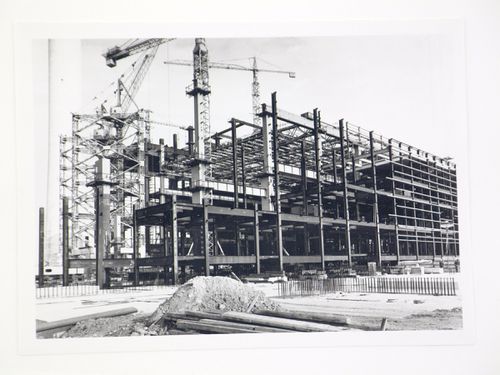 View of construction of steel structure for power station, United Kingdom