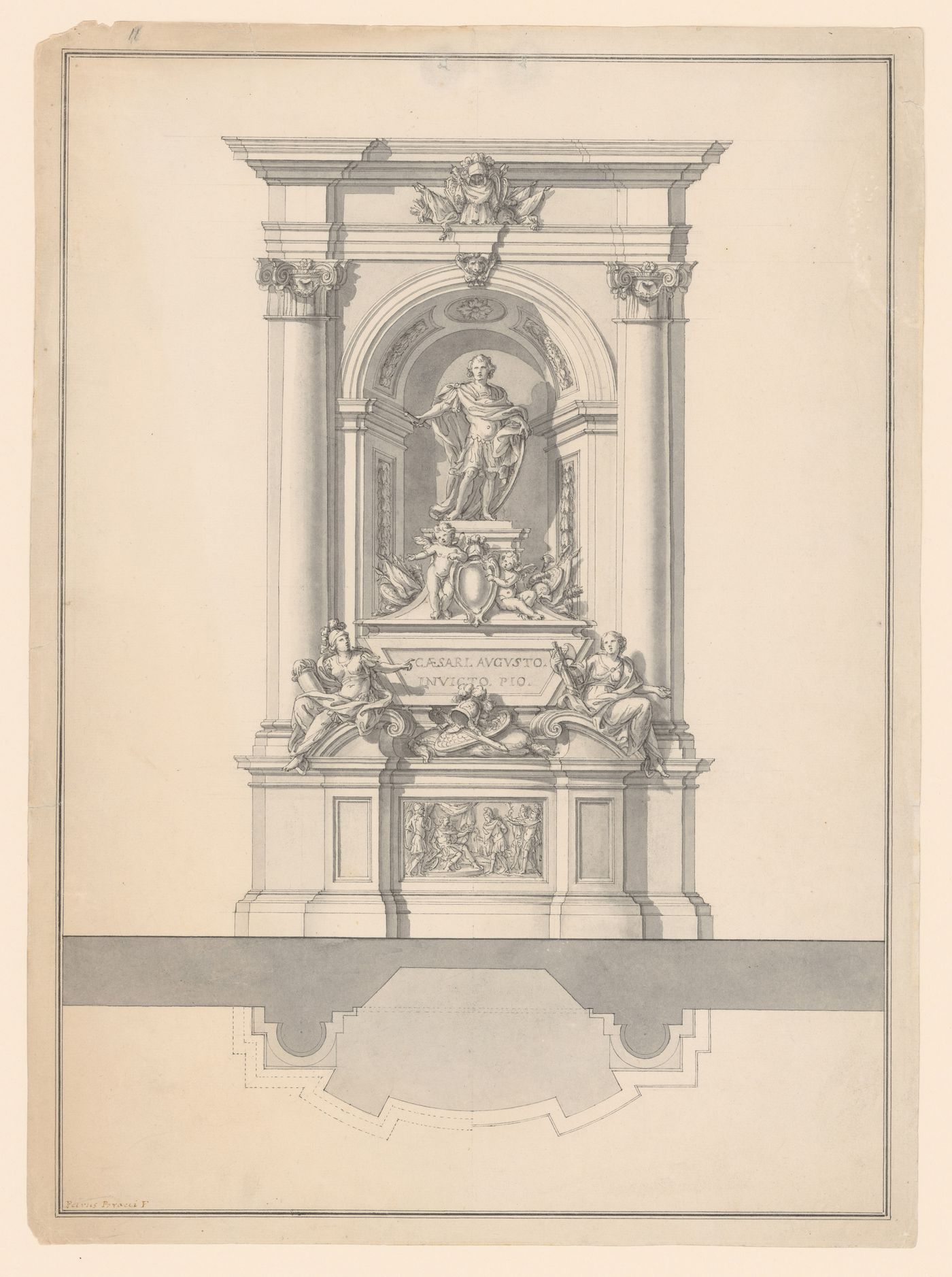 Elevation and plan for a monument for a secular ruler