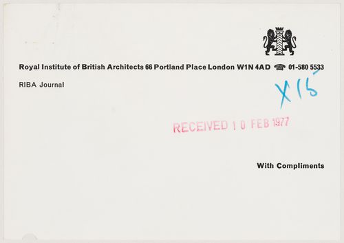 Compliments slip issued by the Royal Institute of British Architects (document from Westpen project records)