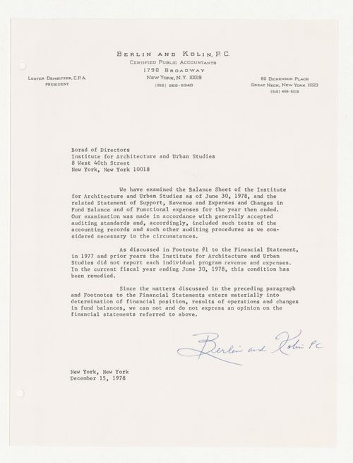 Financial statements for 1977-1978 verified by certified public accountants Berlin And Kolin, P. C.