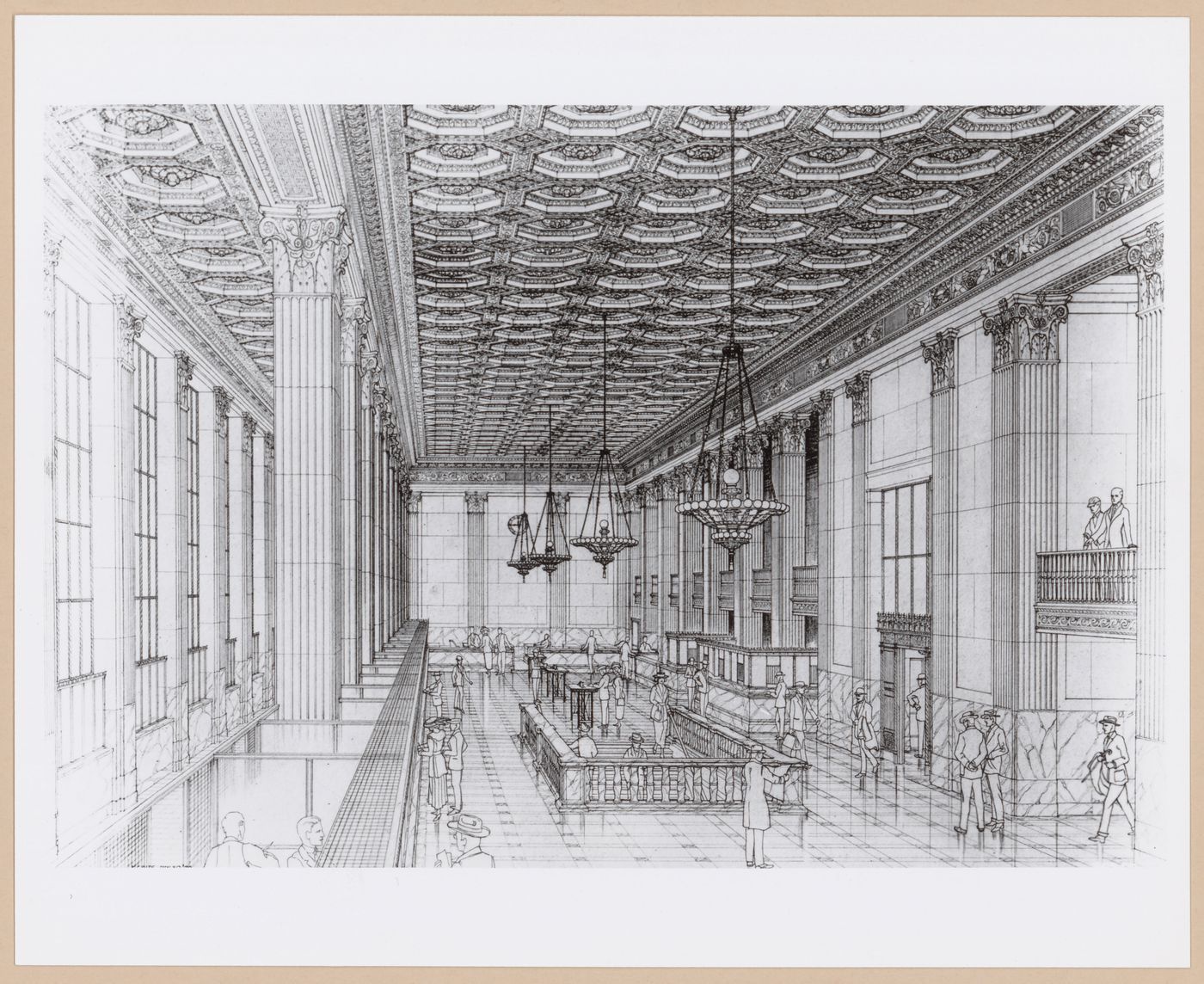 Photograph of an interior perspective drawing for or of the banking hall of the First National Bank Building, Detroit, Michigan