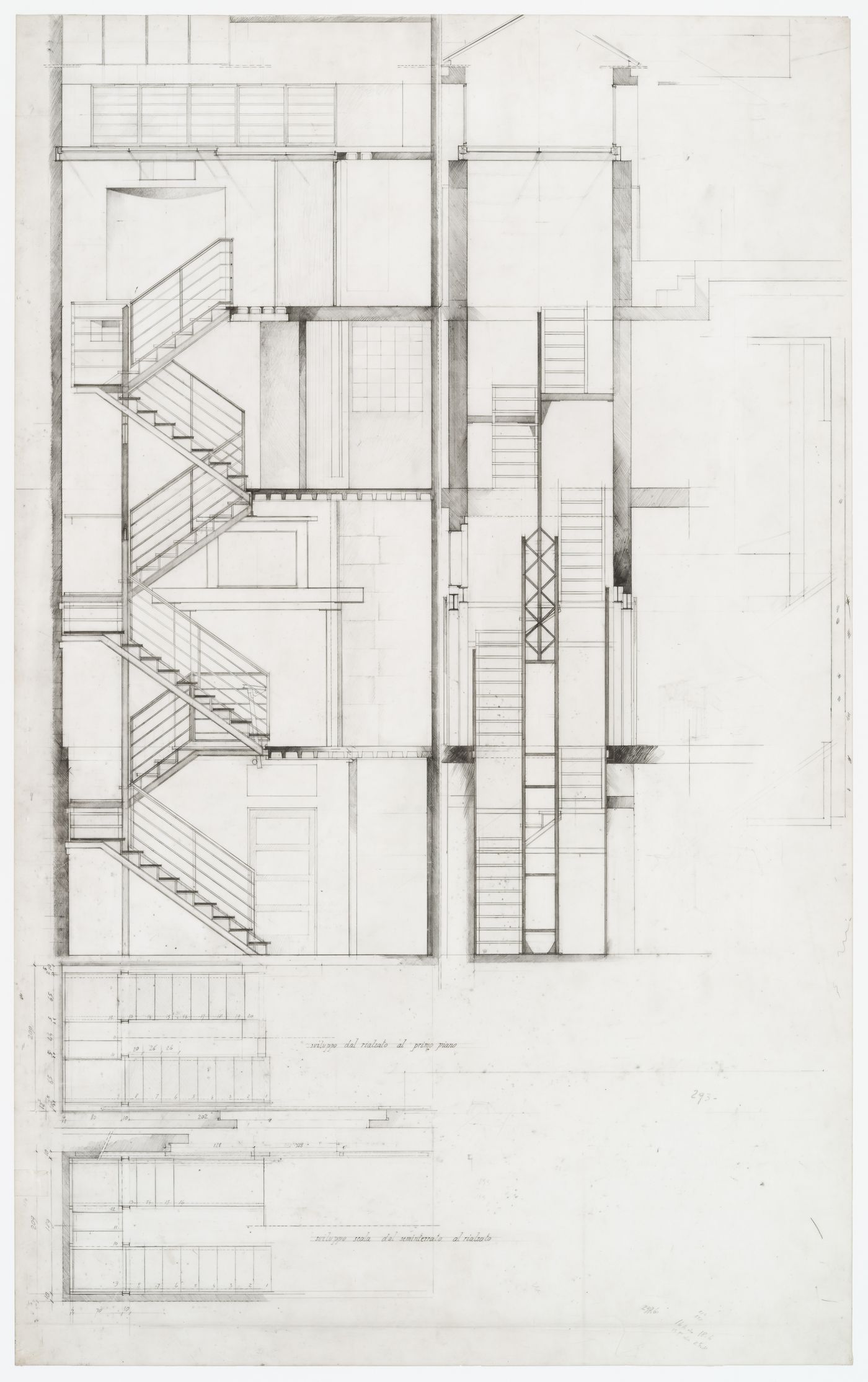 Elevation, section and plan of the stairs for Casa Frea, Milan, Italy