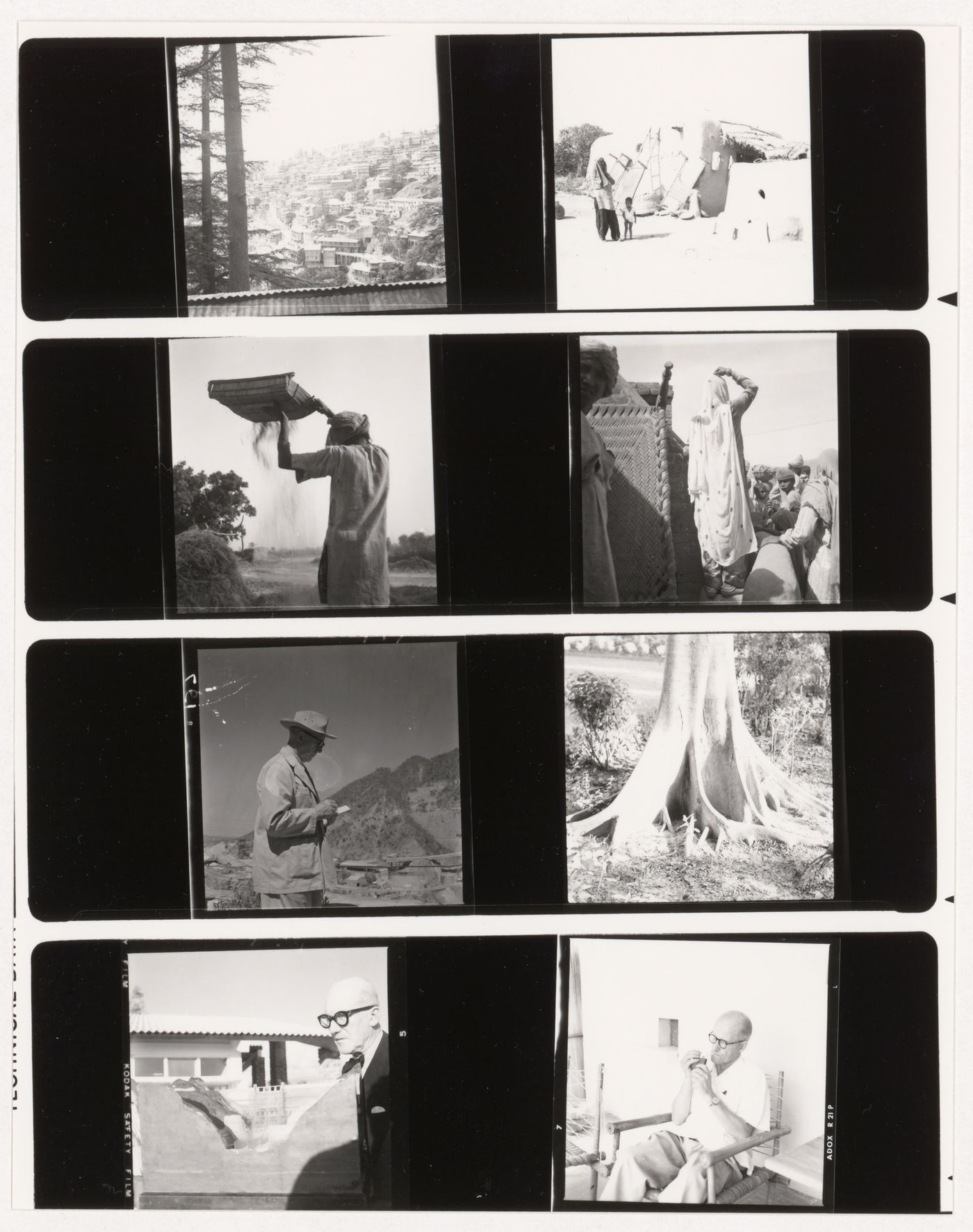 Contact sheet with views of Chandigarh's area before the construction and portraits of Le Corbusier and Pierre Jeanneret