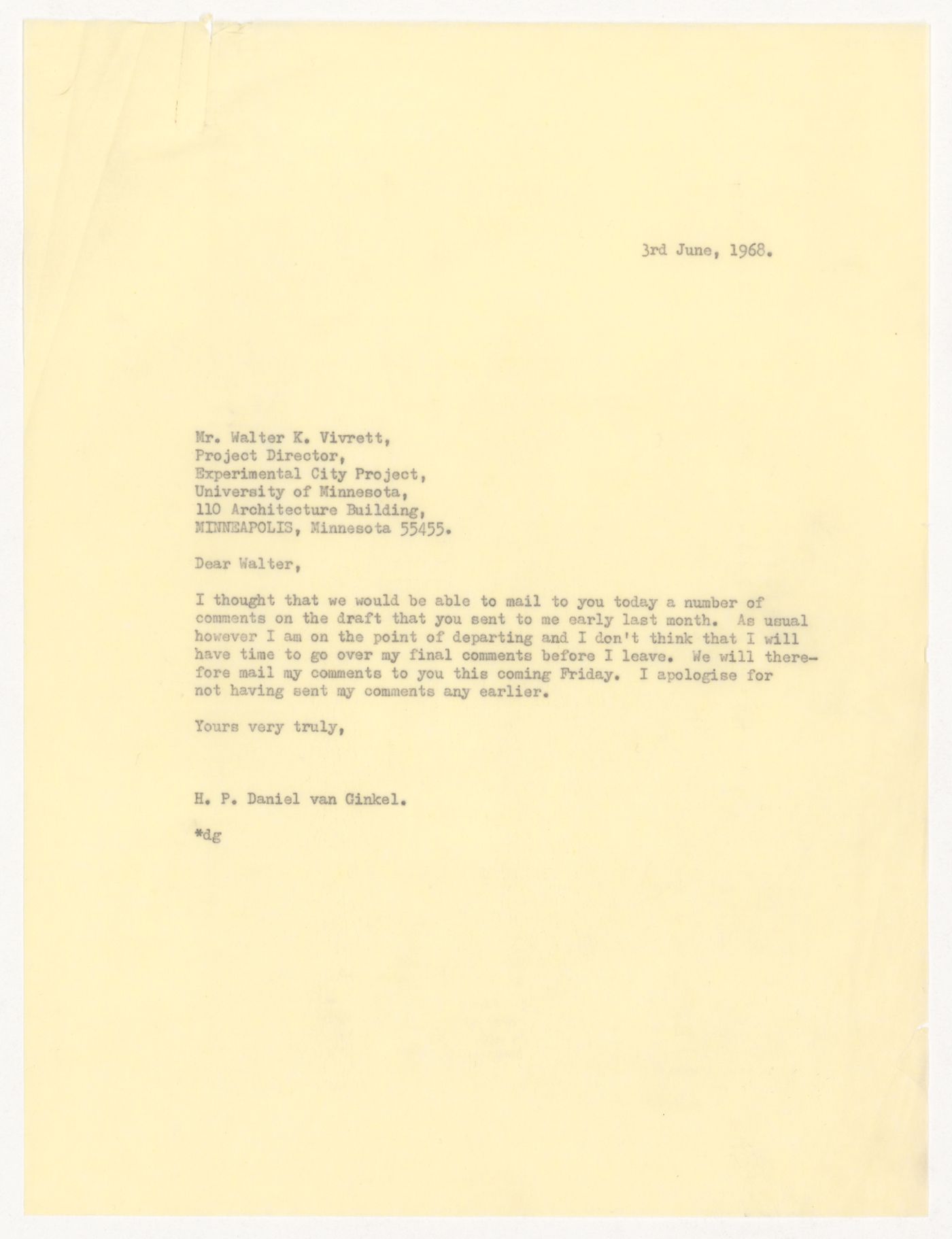 Letter from H. P. Daniel van Ginkel to Walter K. Vivrett for Experimental City Project
