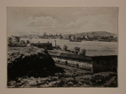 Photograph of a painting of Montréal from Île Ste-Hélène AC with fort in foreground