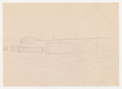 Interior perspective sketch for Museum for a Small City showing the auditorium with suspended ceiling