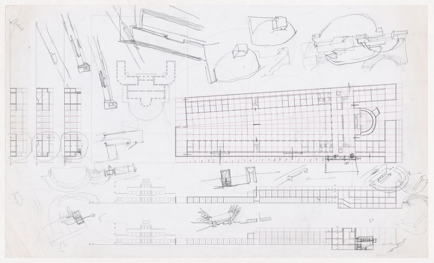 Plan, elevations, sections, and sketch plan and axonometric views for Reitoria da Universidade de Alicante, Alicante, Spain