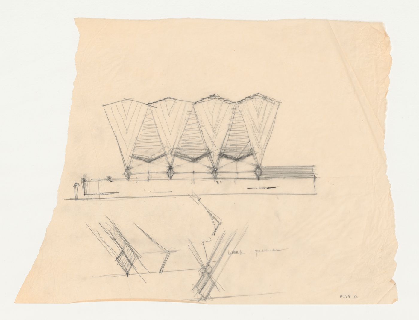 Sketch elevation and details for a chapel roof canopy based on the Wayfarers' Chapel design