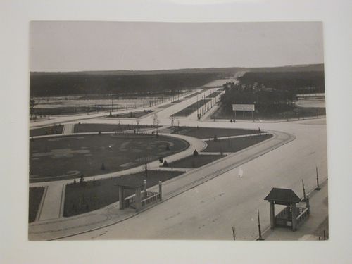 View of the Reichskanzler Platz showing streets, park space and two entrances to an underground railway station, Charlottenburg, Berlin, Germany