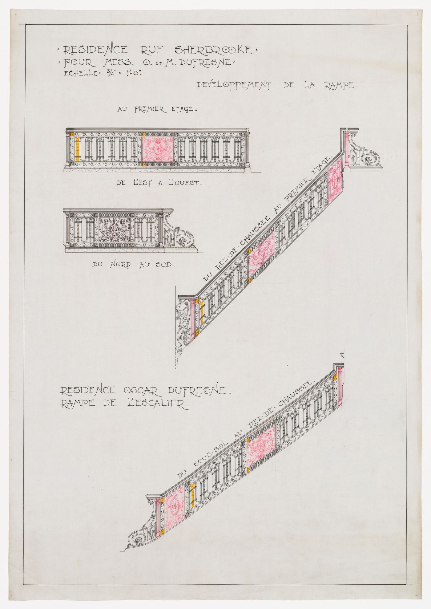 Résidence pour Oscar et Marius Dufresne, rue Sherbrooke, Montréal, Québec : détails de la rampe de l’escalier