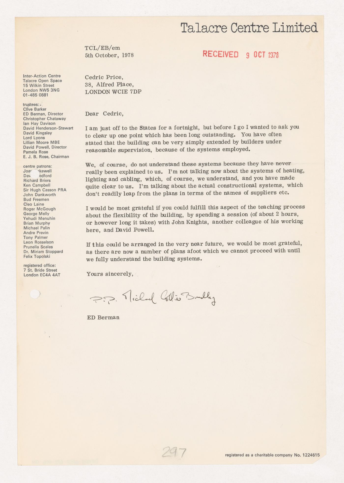 Letter from Ed Berman to Cedric Price about the Inter-Action Centre