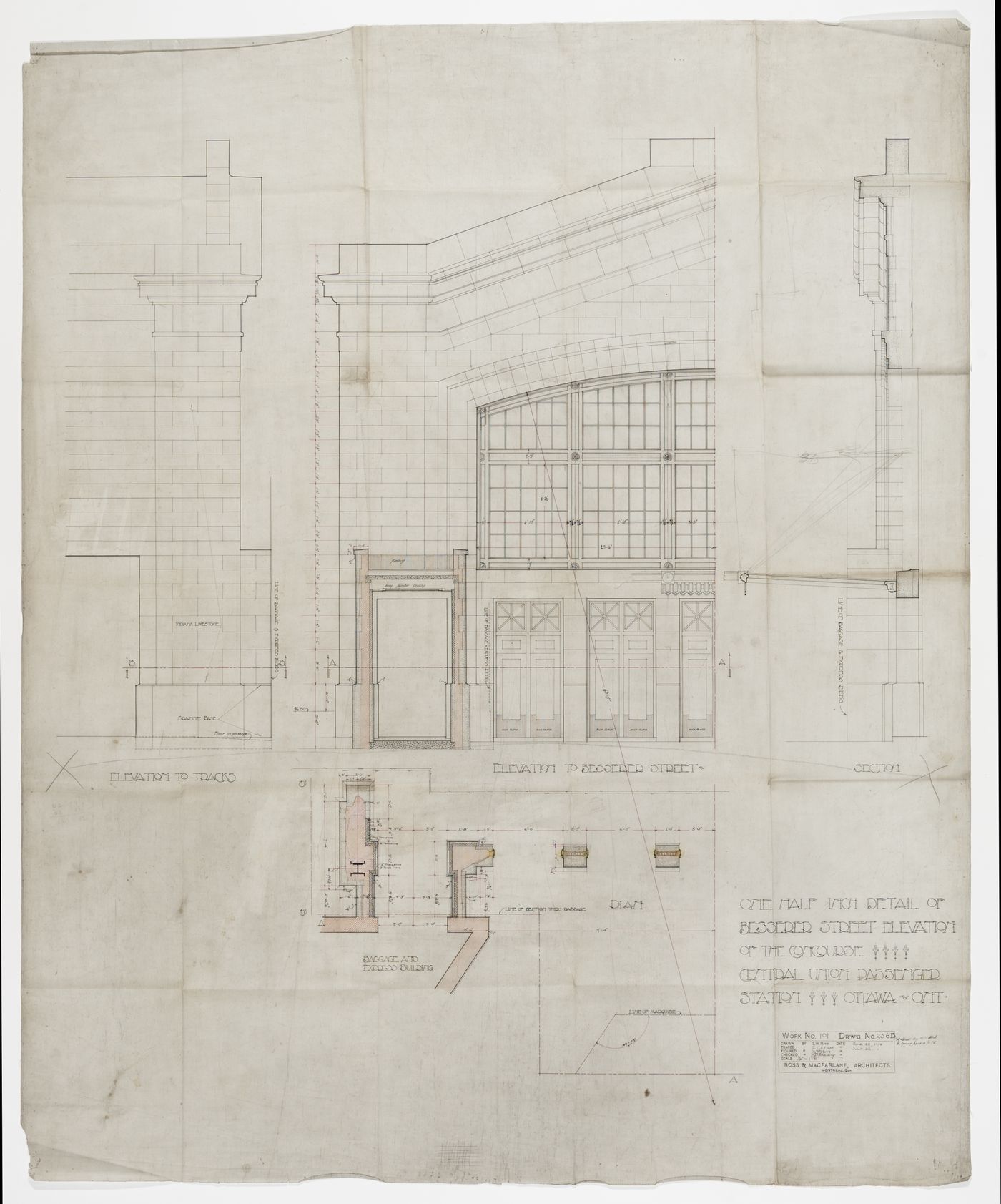 Elevations, section and plan for Central Union Passenger Station, Ottawa, Ontario